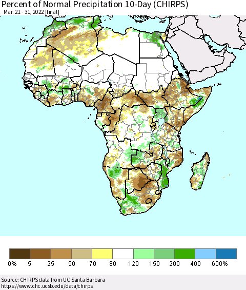 Africa Percent of Normal Precipitation 10-Day (CHIRPS) Thematic Map For 3/21/2022 - 3/31/2022