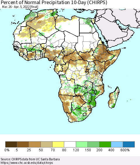 Africa Percent of Normal Precipitation 10-Day (CHIRPS) Thematic Map For 3/26/2022 - 4/5/2022
