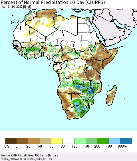 Africa Percent of Normal Precipitation 10-Day (CHIRPS) Thematic Map For 4/1/2022 - 4/10/2022