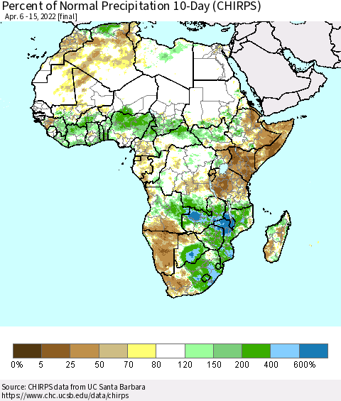 Africa Percent of Normal Precipitation 10-Day (CHIRPS) Thematic Map For 4/6/2022 - 4/15/2022