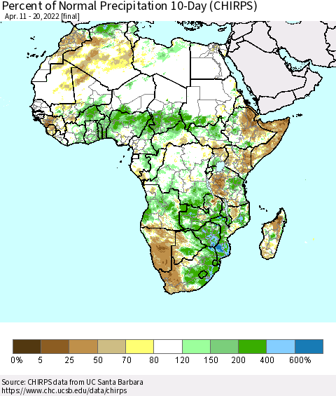 Africa Percent of Normal Precipitation 10-Day (CHIRPS) Thematic Map For 4/11/2022 - 4/20/2022