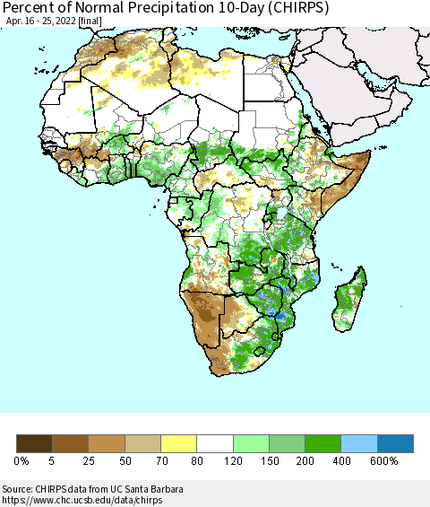 Africa Percent of Normal Precipitation 10-Day (CHIRPS) Thematic Map For 4/16/2022 - 4/25/2022