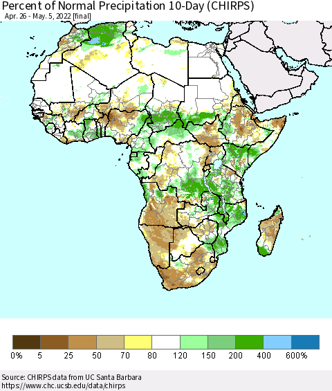 Africa Percent of Normal Precipitation 10-Day (CHIRPS) Thematic Map For 4/26/2022 - 5/5/2022