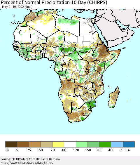 Africa Percent of Normal Precipitation 10-Day (CHIRPS) Thematic Map For 5/1/2022 - 5/10/2022
