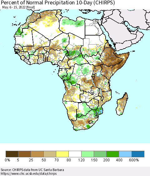 Africa Percent of Normal Precipitation 10-Day (CHIRPS) Thematic Map For 5/6/2022 - 5/15/2022