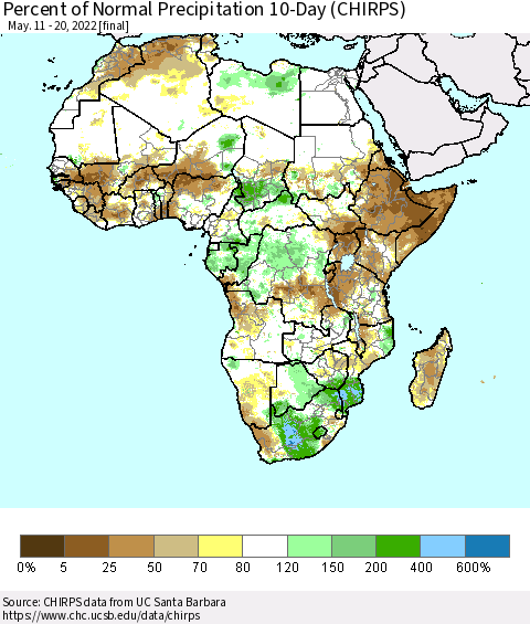 Africa Percent of Normal Precipitation 10-Day (CHIRPS) Thematic Map For 5/11/2022 - 5/20/2022