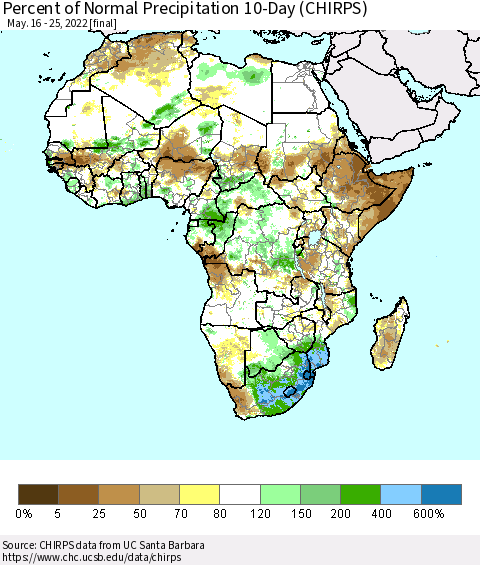 Africa Percent of Normal Precipitation 10-Day (CHIRPS) Thematic Map For 5/16/2022 - 5/25/2022