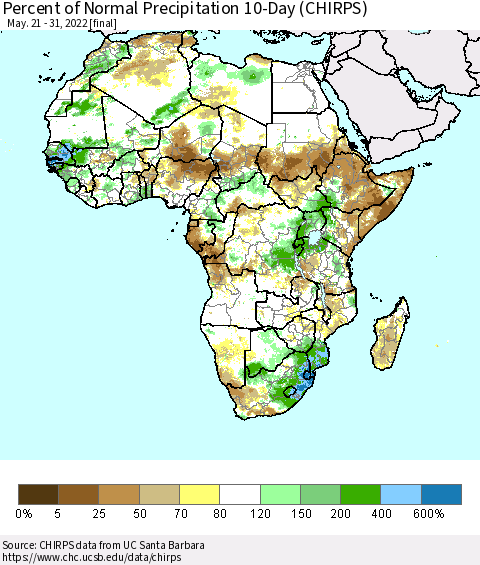 Africa Percent of Normal Precipitation 10-Day (CHIRPS) Thematic Map For 5/21/2022 - 5/31/2022
