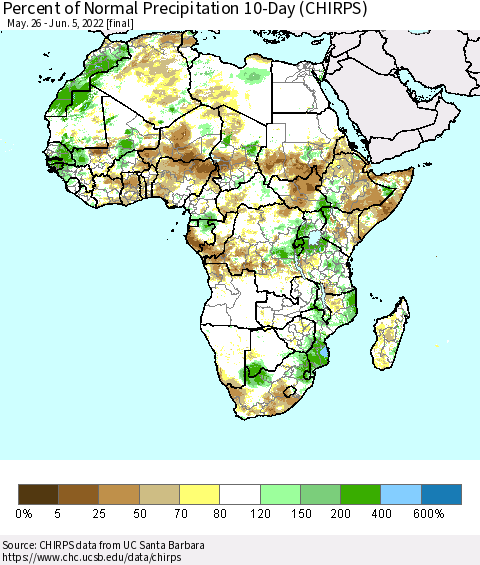 Africa Percent of Normal Precipitation 10-Day (CHIRPS) Thematic Map For 5/26/2022 - 6/5/2022