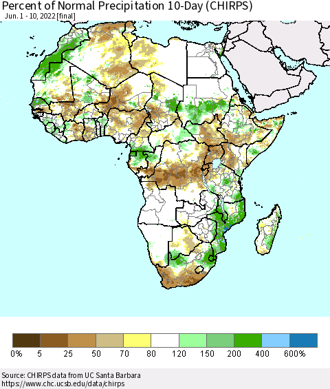 Africa Percent of Normal Precipitation 10-Day (CHIRPS) Thematic Map For 6/1/2022 - 6/10/2022