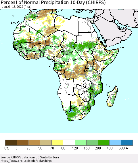 Africa Percent of Normal Precipitation 10-Day (CHIRPS) Thematic Map For 6/6/2022 - 6/15/2022