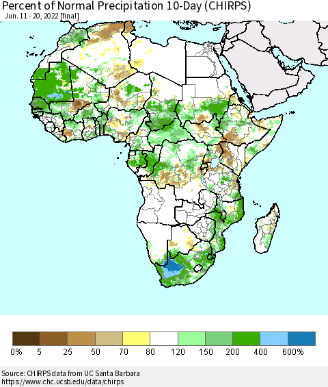 Africa Percent of Normal Precipitation 10-Day (CHIRPS) Thematic Map For 6/11/2022 - 6/20/2022