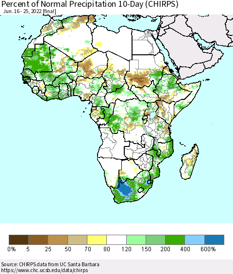 Africa Percent of Normal Precipitation 10-Day (CHIRPS) Thematic Map For 6/16/2022 - 6/25/2022