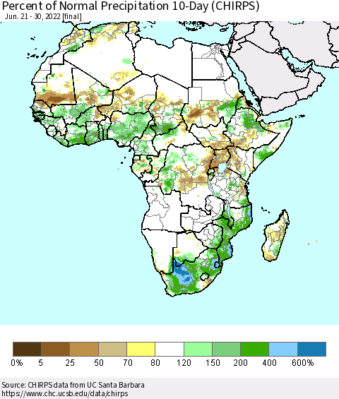Africa Percent of Normal Precipitation 10-Day (CHIRPS) Thematic Map For 6/21/2022 - 6/30/2022