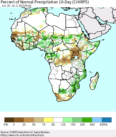 Africa Percent of Normal Precipitation 10-Day (CHIRPS) Thematic Map For 6/26/2022 - 7/5/2022