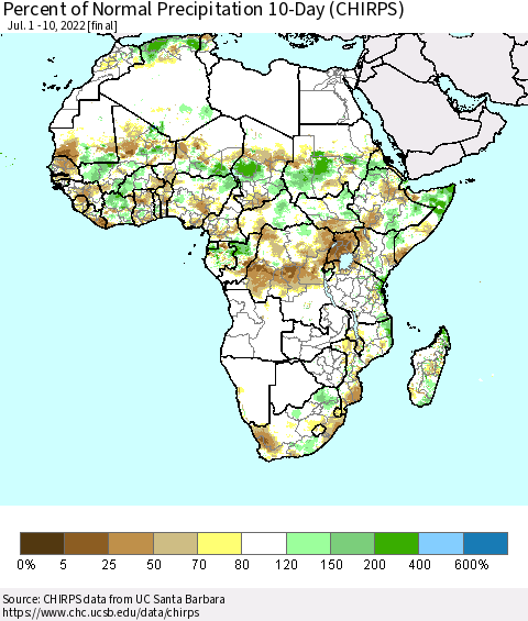 Africa Percent of Normal Precipitation 10-Day (CHIRPS) Thematic Map For 7/1/2022 - 7/10/2022