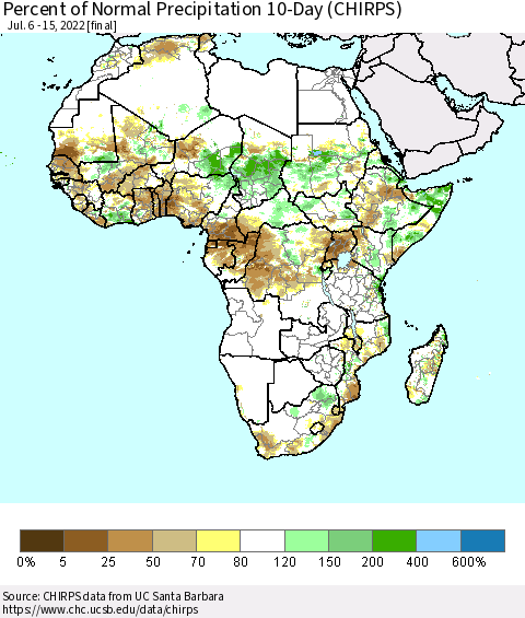 Africa Percent of Normal Precipitation 10-Day (CHIRPS) Thematic Map For 7/6/2022 - 7/15/2022