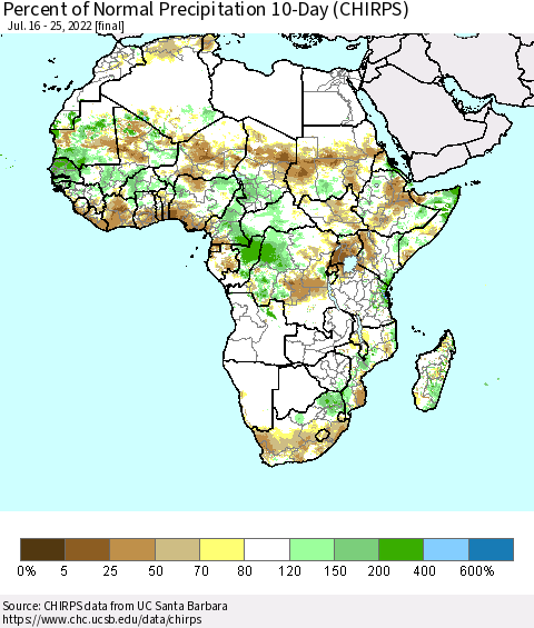 Africa Percent of Normal Precipitation 10-Day (CHIRPS) Thematic Map For 7/16/2022 - 7/25/2022