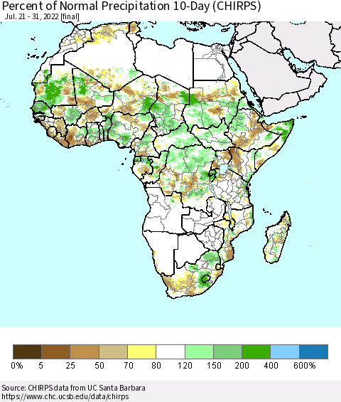 Africa Percent of Normal Precipitation 10-Day (CHIRPS) Thematic Map For 7/21/2022 - 7/31/2022