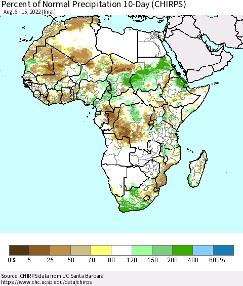 Africa Percent of Normal Precipitation 10-Day (CHIRPS) Thematic Map For 8/6/2022 - 8/15/2022