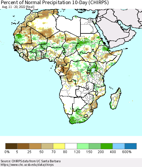 Africa Percent of Normal Precipitation 10-Day (CHIRPS) Thematic Map For 8/11/2022 - 8/20/2022
