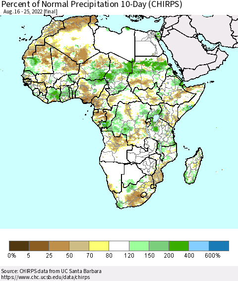 Africa Percent of Normal Precipitation 10-Day (CHIRPS) Thematic Map For 8/16/2022 - 8/25/2022