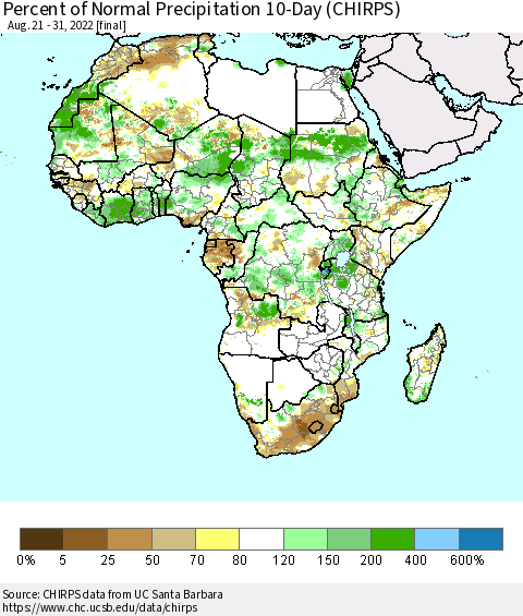 Africa Percent of Normal Precipitation 10-Day (CHIRPS) Thematic Map For 8/21/2022 - 8/31/2022
