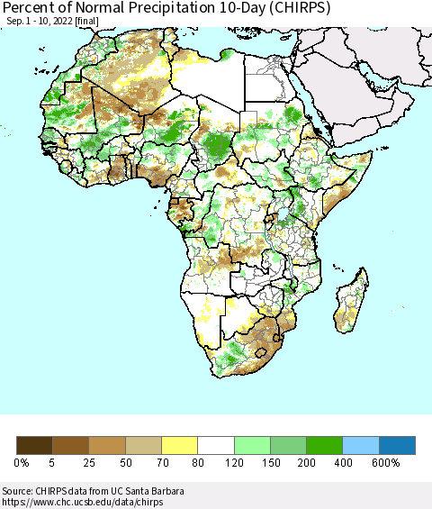 Africa Percent of Normal Precipitation 10-Day (CHIRPS) Thematic Map For 9/1/2022 - 9/10/2022