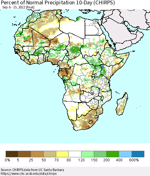 Africa Percent of Normal Precipitation 10-Day (CHIRPS) Thematic Map For 9/6/2022 - 9/15/2022