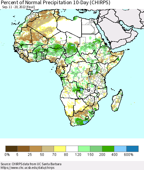 Africa Percent of Normal Precipitation 10-Day (CHIRPS) Thematic Map For 9/11/2022 - 9/20/2022