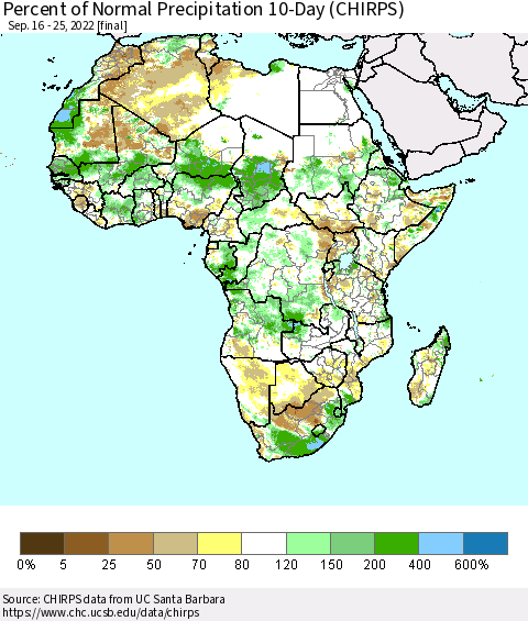 Africa Percent of Normal Precipitation 10-Day (CHIRPS) Thematic Map For 9/16/2022 - 9/25/2022