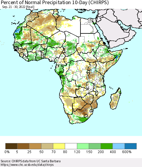 Africa Percent of Normal Precipitation 10-Day (CHIRPS) Thematic Map For 9/21/2022 - 9/30/2022