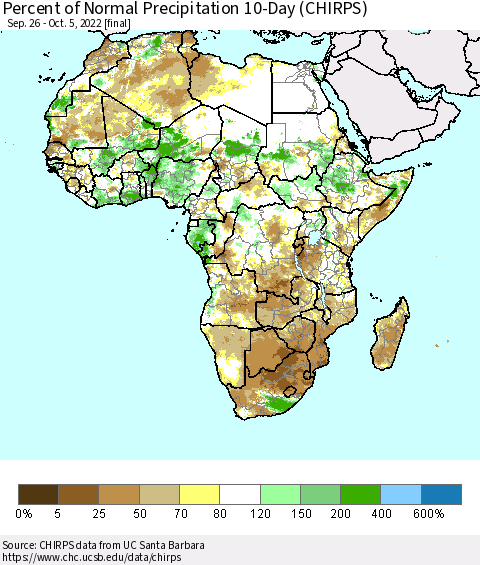 Africa Percent of Normal Precipitation 10-Day (CHIRPS) Thematic Map For 9/26/2022 - 10/5/2022