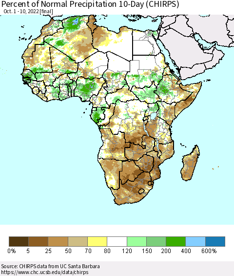 Africa Percent of Normal Precipitation 10-Day (CHIRPS) Thematic Map For 10/1/2022 - 10/10/2022