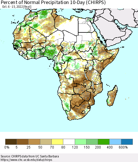 Africa Percent of Normal Precipitation 10-Day (CHIRPS) Thematic Map For 10/6/2022 - 10/15/2022