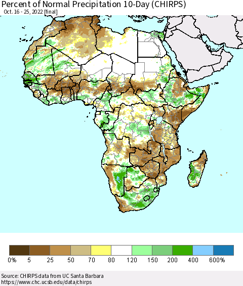 Africa Percent of Normal Precipitation 10-Day (CHIRPS) Thematic Map For 10/16/2022 - 10/25/2022