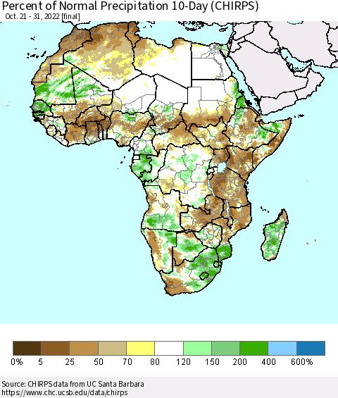 Africa Percent of Normal Precipitation 10-Day (CHIRPS) Thematic Map For 10/21/2022 - 10/31/2022
