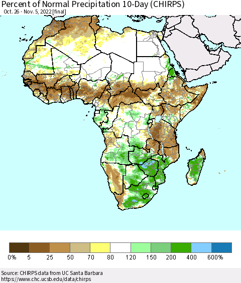Africa Percent of Normal Precipitation 10-Day (CHIRPS) Thematic Map For 10/26/2022 - 11/5/2022