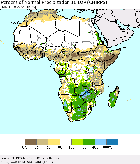 Africa Percent of Normal Precipitation 10-Day (CHIRPS) Thematic Map For 11/1/2022 - 11/10/2022