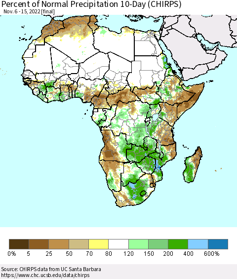 Africa Percent of Normal Precipitation 10-Day (CHIRPS) Thematic Map For 11/6/2022 - 11/15/2022