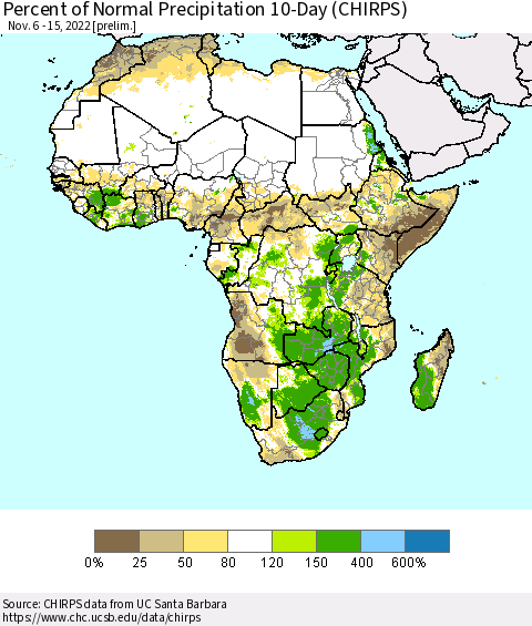 Africa Percent of Normal Precipitation 10-Day (CHIRPS) Thematic Map For 11/6/2022 - 11/15/2022