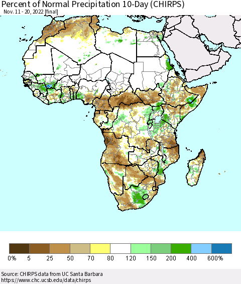 Africa Percent of Normal Precipitation 10-Day (CHIRPS) Thematic Map For 11/11/2022 - 11/20/2022