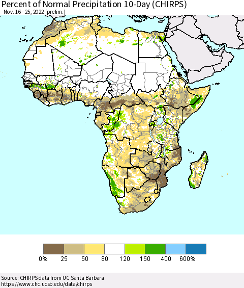 Africa Percent of Normal Precipitation 10-Day (CHIRPS) Thematic Map For 11/16/2022 - 11/25/2022