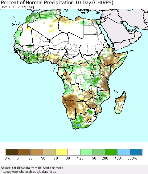 Africa Percent of Normal Precipitation 10-Day (CHIRPS) Thematic Map For 12/1/2022 - 12/10/2022