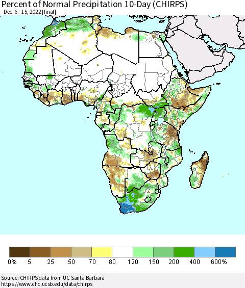 Africa Percent of Normal Precipitation 10-Day (CHIRPS) Thematic Map For 12/6/2022 - 12/15/2022