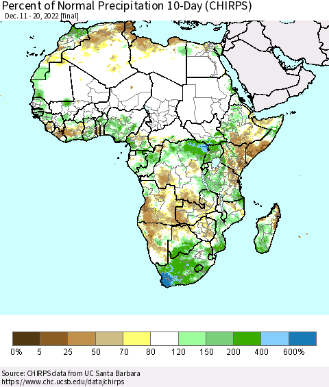 Africa Percent of Normal Precipitation 10-Day (CHIRPS) Thematic Map For 12/11/2022 - 12/20/2022