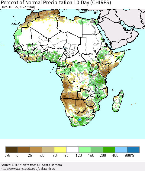 Africa Percent of Normal Precipitation 10-Day (CHIRPS) Thematic Map For 12/16/2022 - 12/25/2022