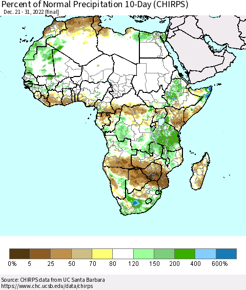 Africa Percent of Normal Precipitation 10-Day (CHIRPS) Thematic Map For 12/21/2022 - 12/31/2022