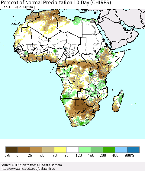 Africa Percent of Normal Precipitation 10-Day (CHIRPS) Thematic Map For 1/11/2023 - 1/20/2023