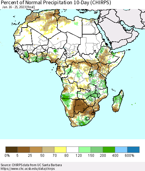 Africa Percent of Normal Precipitation 10-Day (CHIRPS) Thematic Map For 1/16/2023 - 1/25/2023